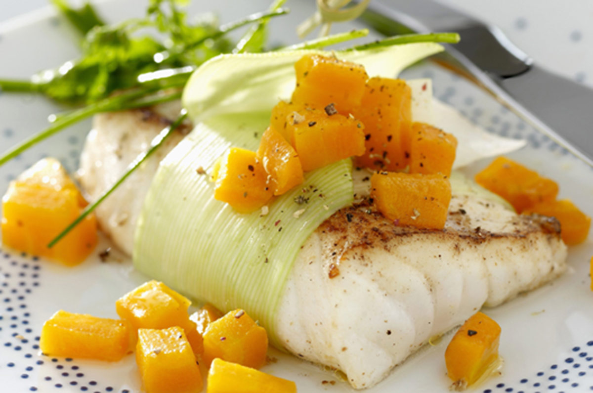 Pesce halibut con zucca a cubetti