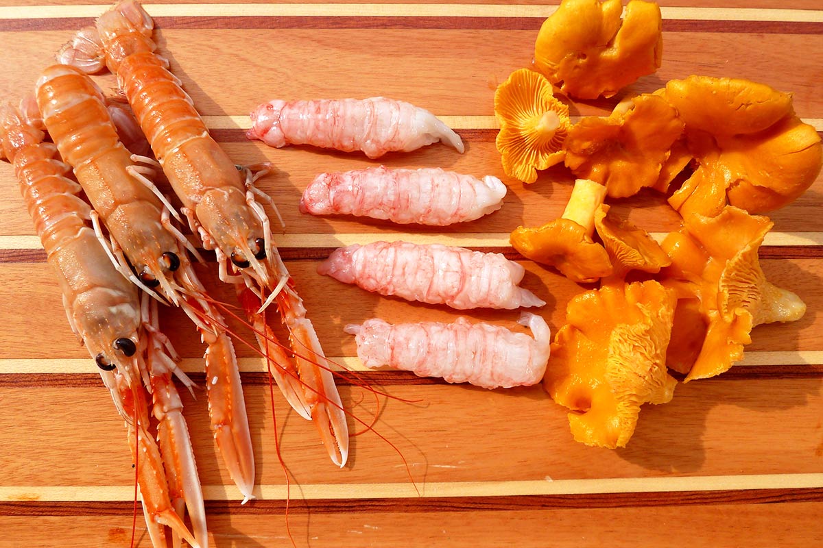 Funghi-Finferli-con-scampi-e-code-di-scampi-sgusciati