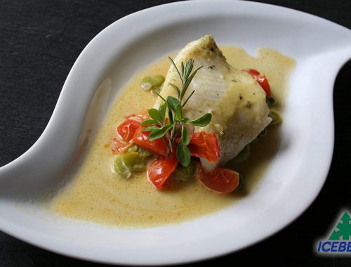 filetto halibut con fave e pomodorini