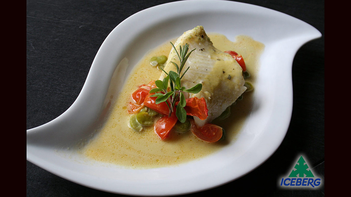 filetto halibut con fave e pomodorini